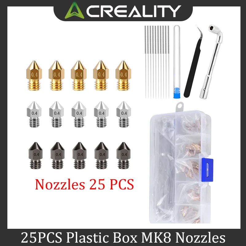 

Creality official 25PCS Plastic Box MK8 Nozzles Extruder Nozzle Brass Material Comes With Simple Tools Suitable For 3D Printers
