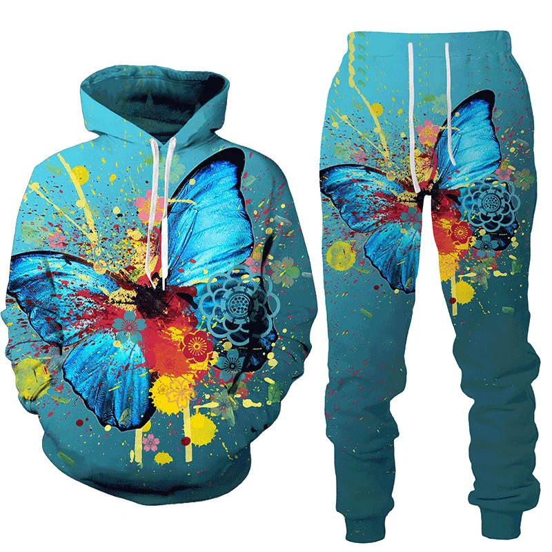 Women's Tracksuit 3D Butterfly Print Hoodie Sweatshit Two Piece Set Female Sweater Pullover Trousers Suit Casual Women Clothing