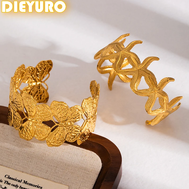 

DIEYURO 316L Stainless Steel Golden Starfish Butterfly Exaggerated Open Bracelet For Women New Fashion Loop Wrist Jewelry Gift