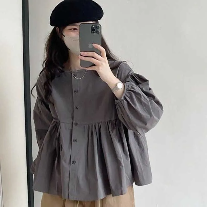 Sweet O-Neck Button Loose Solid Color Folds Shirts Female Clothing 2024 Spring New Oversized Casual Tops All-match Blouses