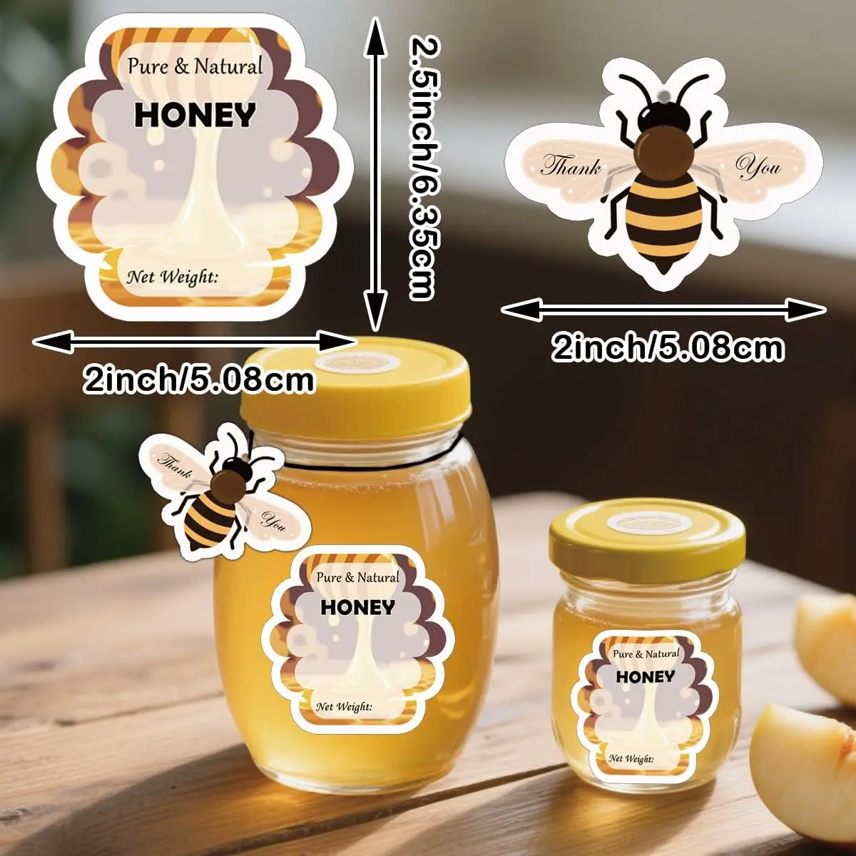 30 Set Pure Natural Honey Jars and Bottles Labels 2 x 2.5 Inch Bee Shaped Thank You Card Farm Kitchen Name Business Round Mason