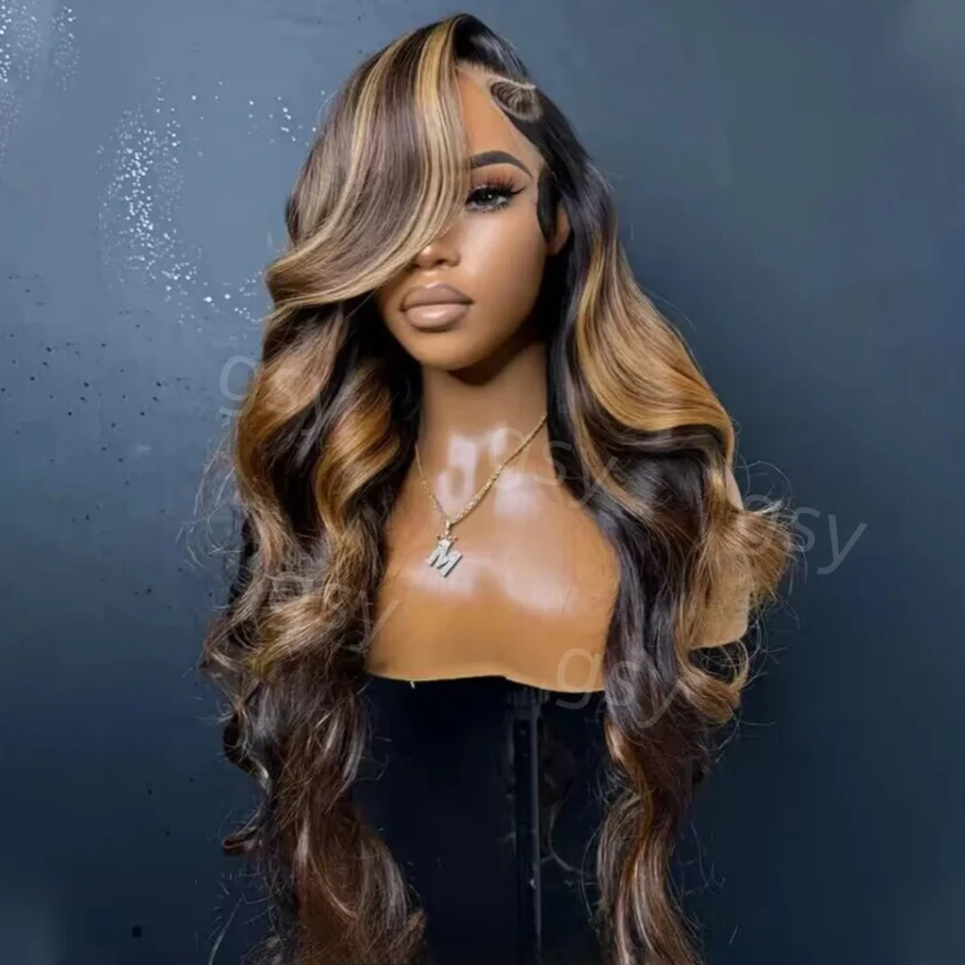Peluca de cabello humano europeo para mujer, 26 pulgadas, sin pegamento, resaltado suave, cuerpo marrón ondulado, encaje HD, Base de seda judía 5x5, BabyHair