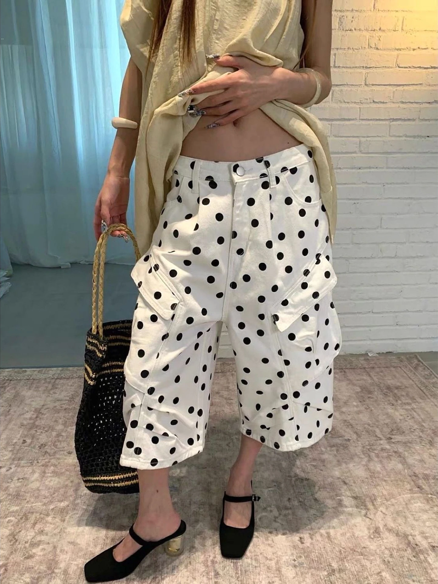 

Street Style High Waist Wide Leg Jeans Women's Loose Fit Denim Capri Pants American Vibe Washed out Polka Dot Workwear
