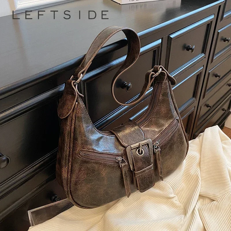 

LEFTSIDE Retro Belt Design PU Leather Shoulder Bags for Women 2024 Y2K Small Vintage Females Underarm Crossbody Bag Handbags