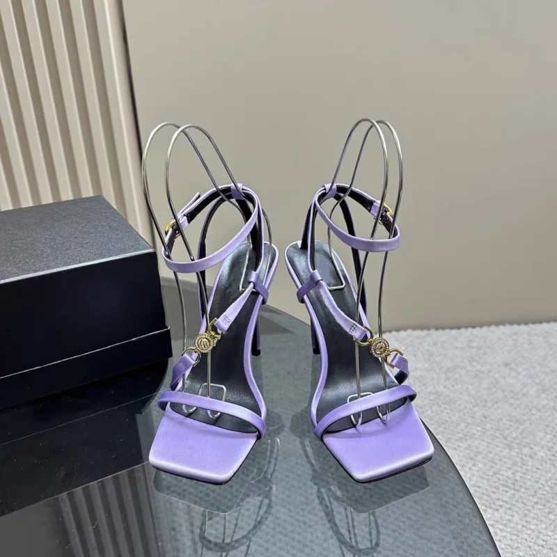 Square Head Metal Decoration/Cross Strap Buckle Candy Colored Banquet Sandals 2024 New Rhinestone Slim High Heels Sexy Sandals