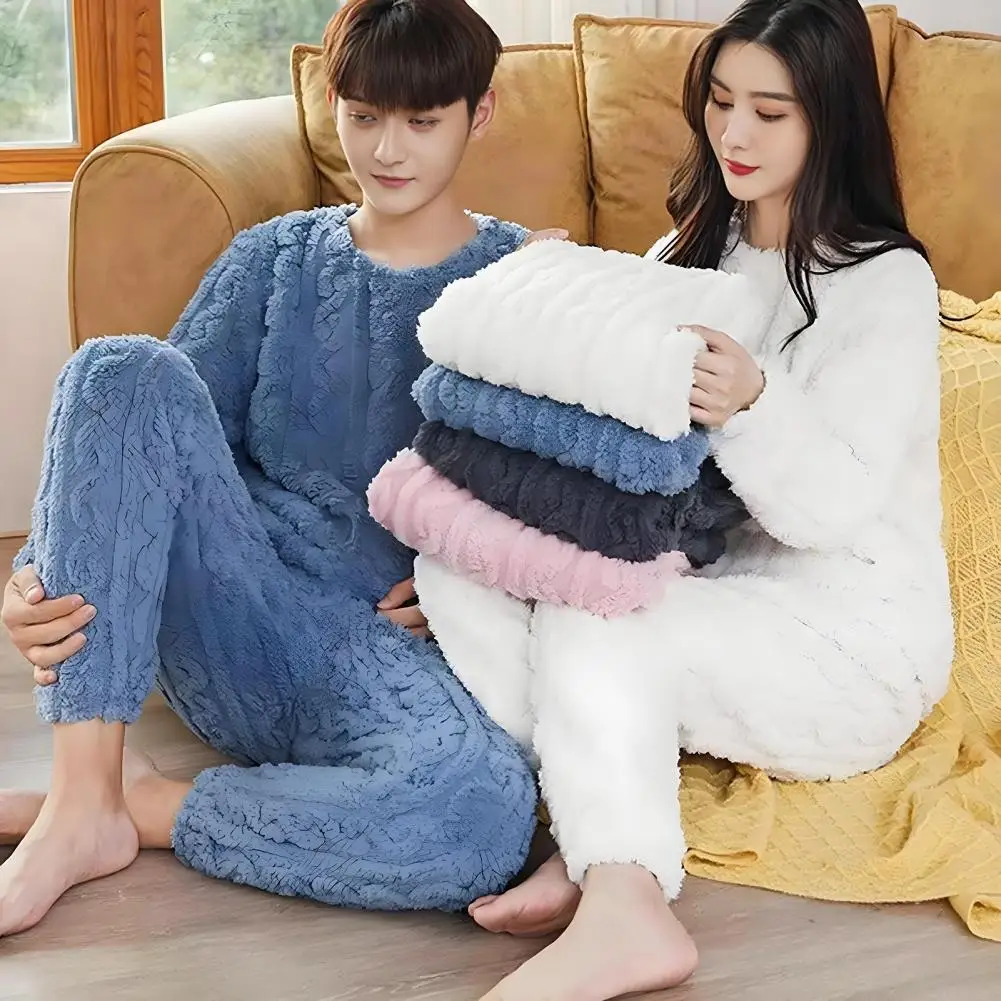 Lounge Outfit Cozy Coral Fleece Winter Pajamas Set for Couples Thickened Homewear Loungewear Nightwear Set with Top Pants Unisex