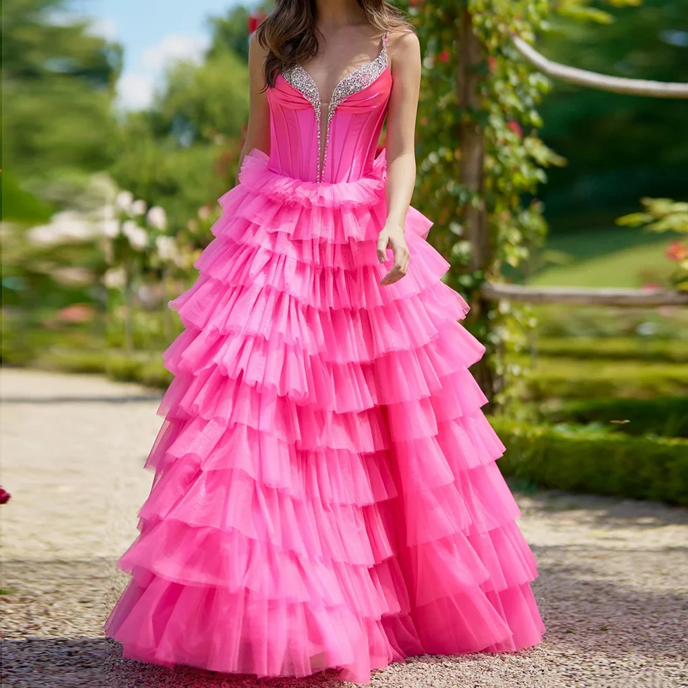 

A-line Women's Evening Dresses Floor-length Spaghetti Strap Sleeveless Prom Gown Fashion Crystal Tiered Draped Customized Gowns