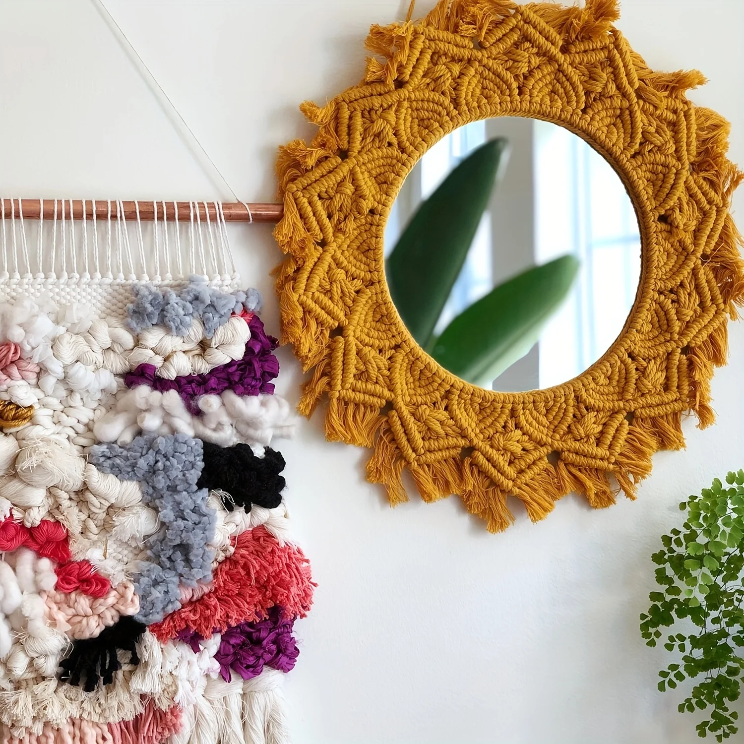 Single Piece Macron Hanging, Bohemian Style Crystal Mirror Decoration, Hand Woven Tassel Lace Makeup Mirror, Background Wall