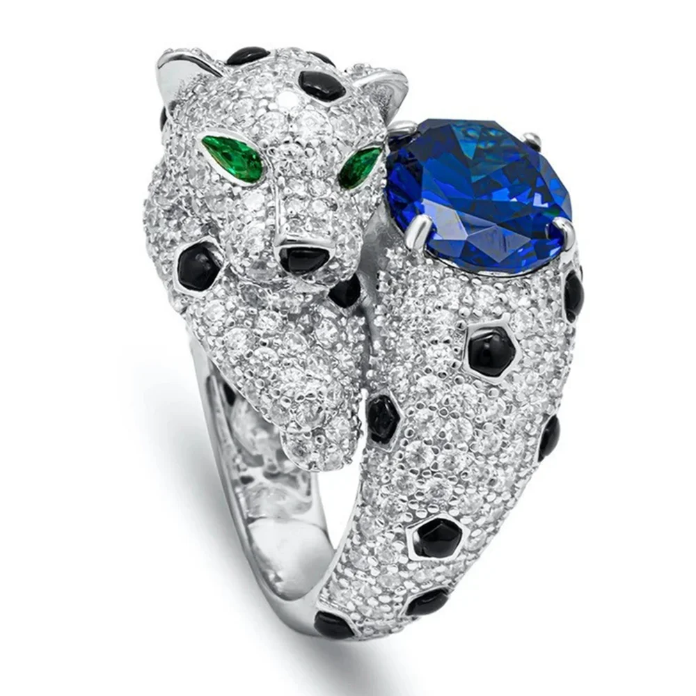 Anillo de plata 925 con manchas negras chapadas en oro de 18 quilates, anillo de Pantera con diamantes de alto carbono, anillos de guepardo de zafiro azul real de imitación de Jaguar