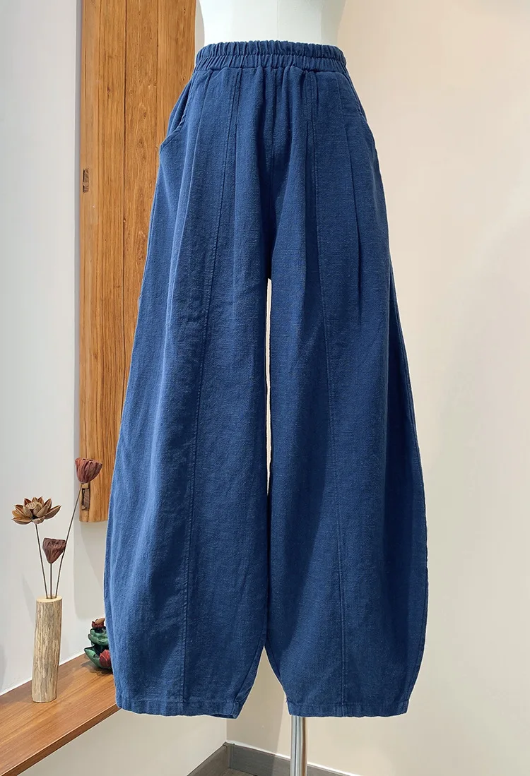 Autumn/Winter Cotton-Linen Pants: Ramie Stone-Washed Chinese Zen Style Slim-Fit Culottes.