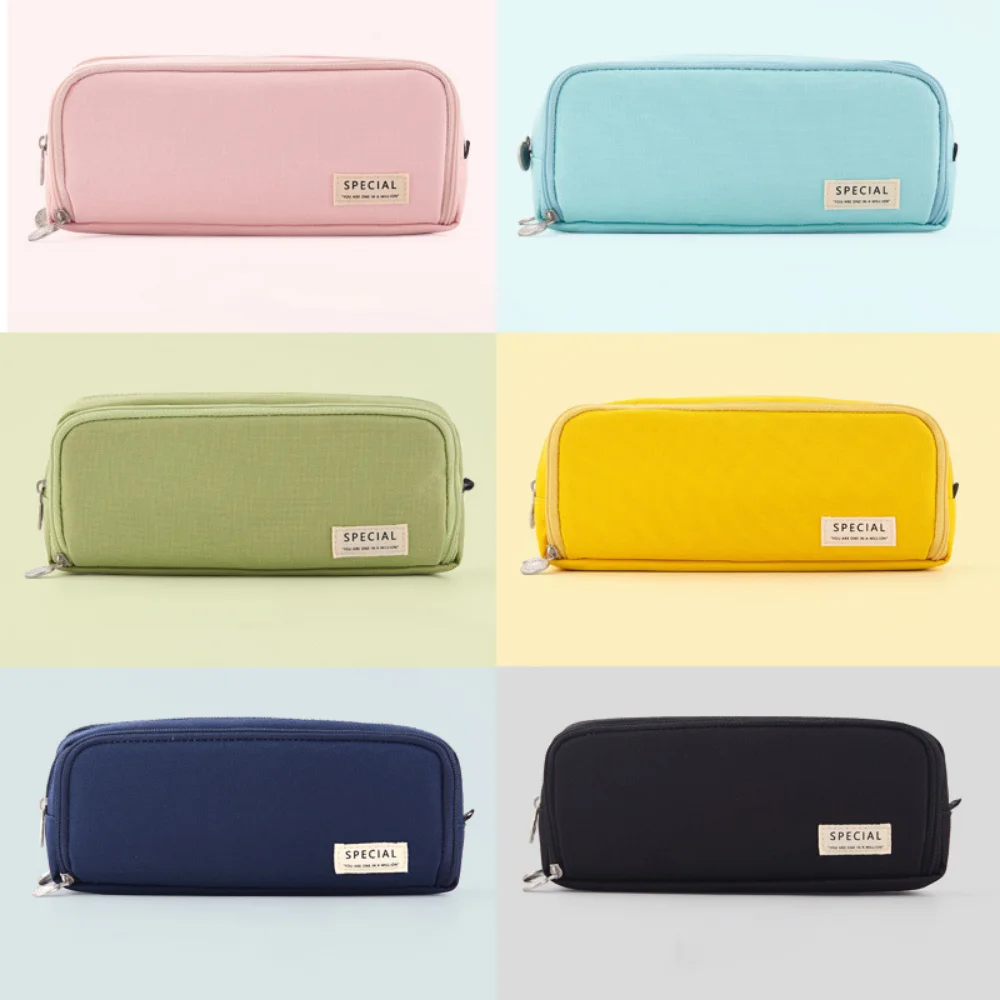 Kawaii School Pencil Bag Solid Color Canvas Multilayer Big Capacity Pencil Box Cute Pensil Case Pencil Case Stationery Pouch