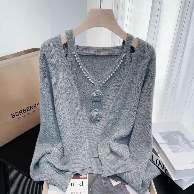 Women's Korean of Sweet Three-dimensional Flowers Heavy Industry Beaded Sweater Set Niche Versatile Beautiful Knitted Cardigan