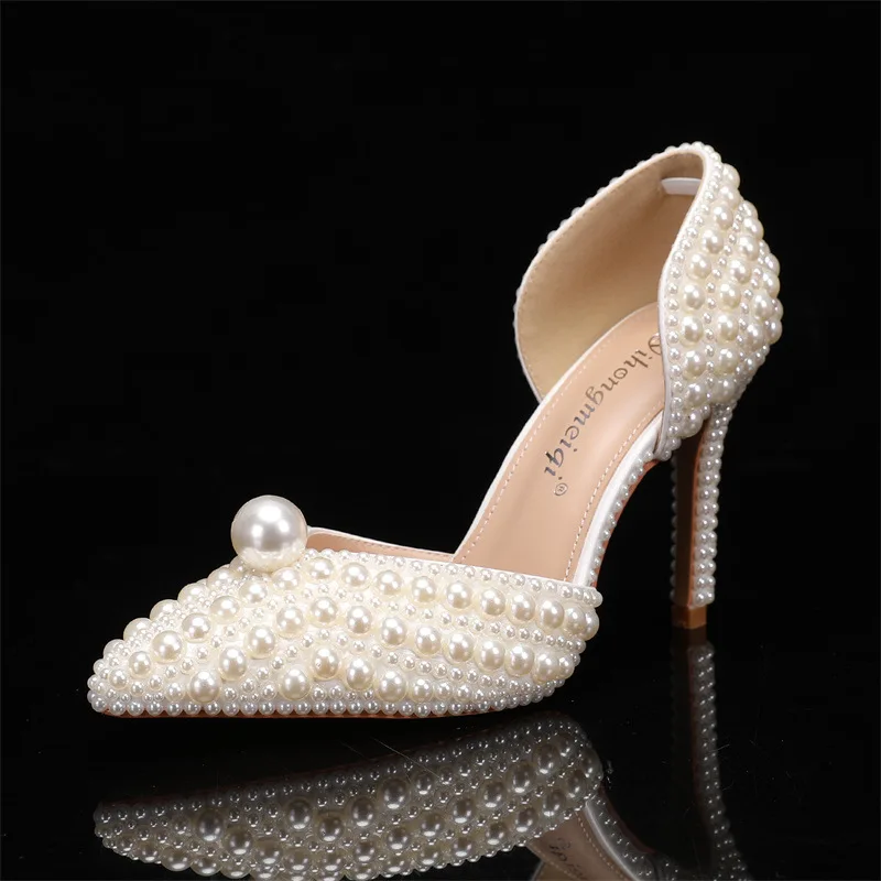 Summer 2024 new set of shallow cut high heels for women\'s pointed high heels thin heels pearl luxury wedding shoes