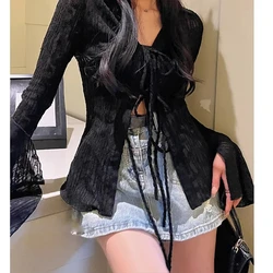 Women Blouses Sexy Sunscreen Thin Crop Tops Y2K Female Vintage Gothic Lace Shirt Black Flare Sleeve See-through Black Cardigan