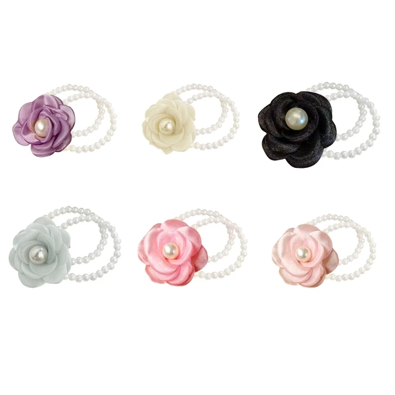 Muñequera elástica de perlas para mujer, coletero de flores para el cabello, pulsera, lazo para el cabello