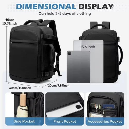 Imagen 2 del producto Mochila de viaje para avión de cabina para ordenador portátil de 15,6 pulgadas para hombre 40x30x20, mochila de cabina para equipaje de mano Wizzair 40x30x20, mochila universitaria