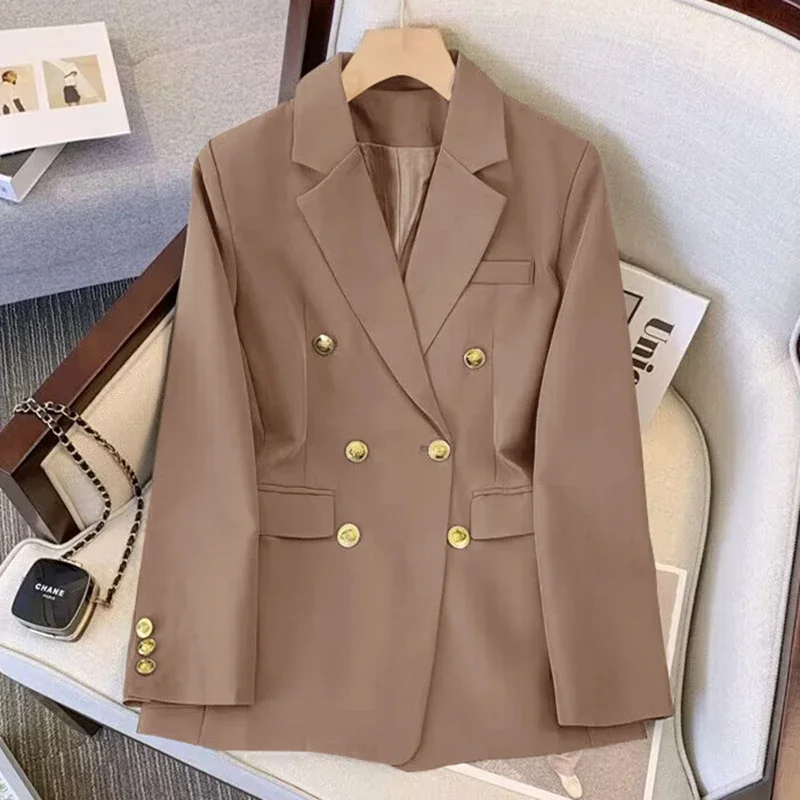 Korean Fashion Elegant Suit Coat Office Lady Long Sleeve Double-breasted Women\'s Jacket Solid Brown Straight Blazer for Women