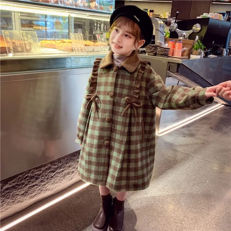 

Girl's Vintage Plaid Wool Coat Autumn Winter New Design Loose British Style Thickened Child's Coat Warm Winter Jacket