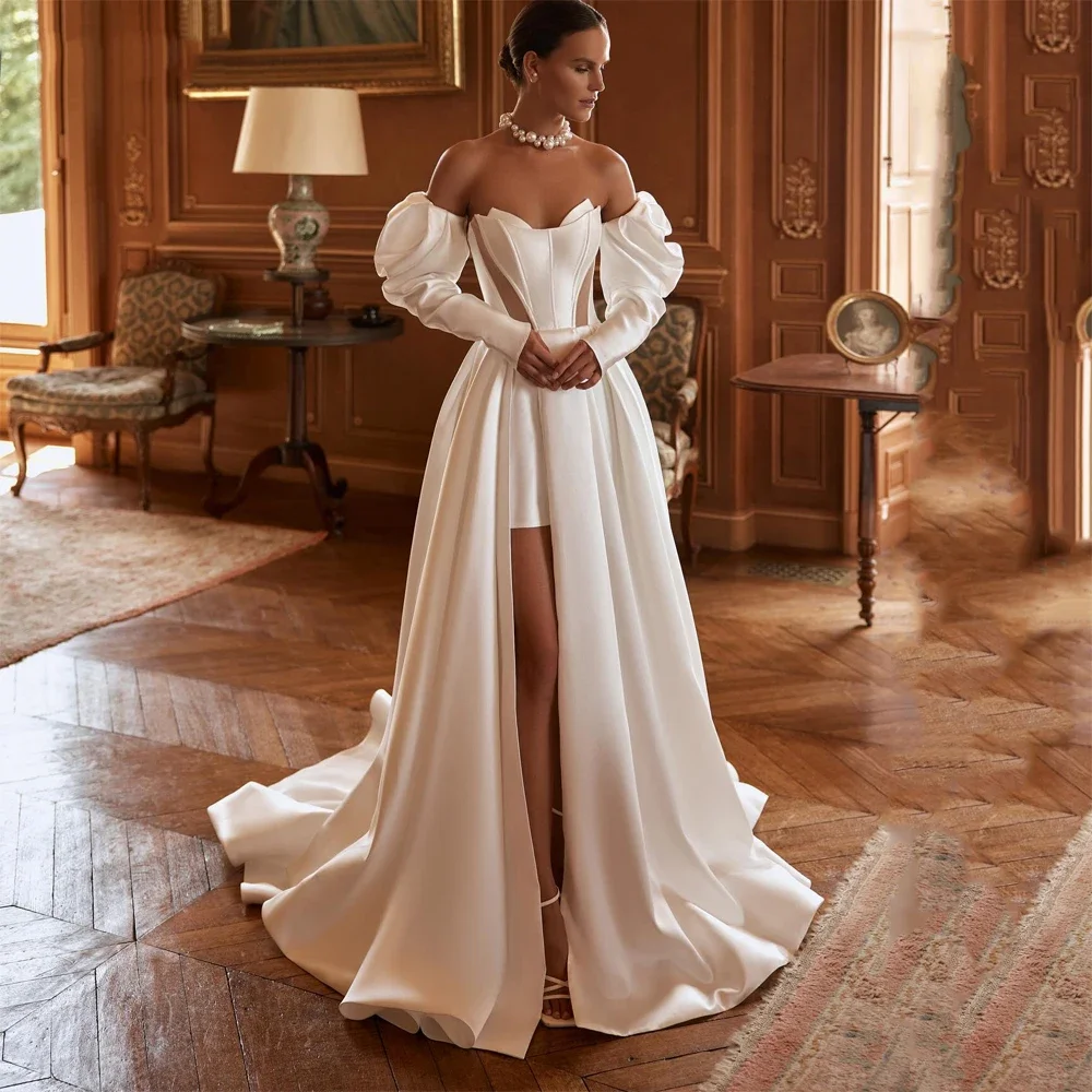 

Elegant Satin Wedding Dresses High Fork A-Line Off The Shoulder Formal Bridal Gowns Customized Long Train Vestidos De Novias