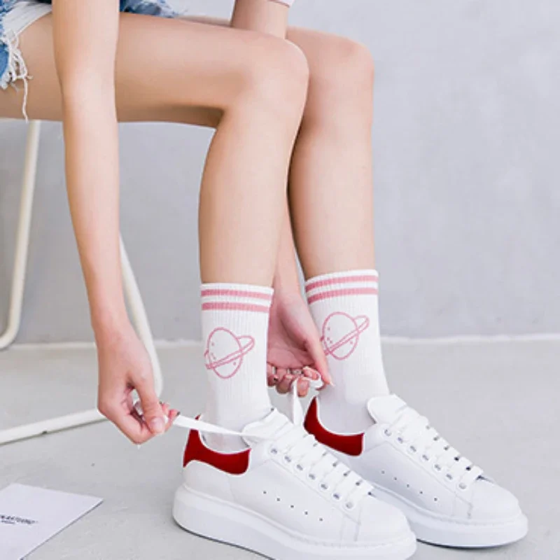 Women's Socks Cotton Two Bar Letter Planet Female New Sports Style Socks Women's Stripe Mid Length Socks