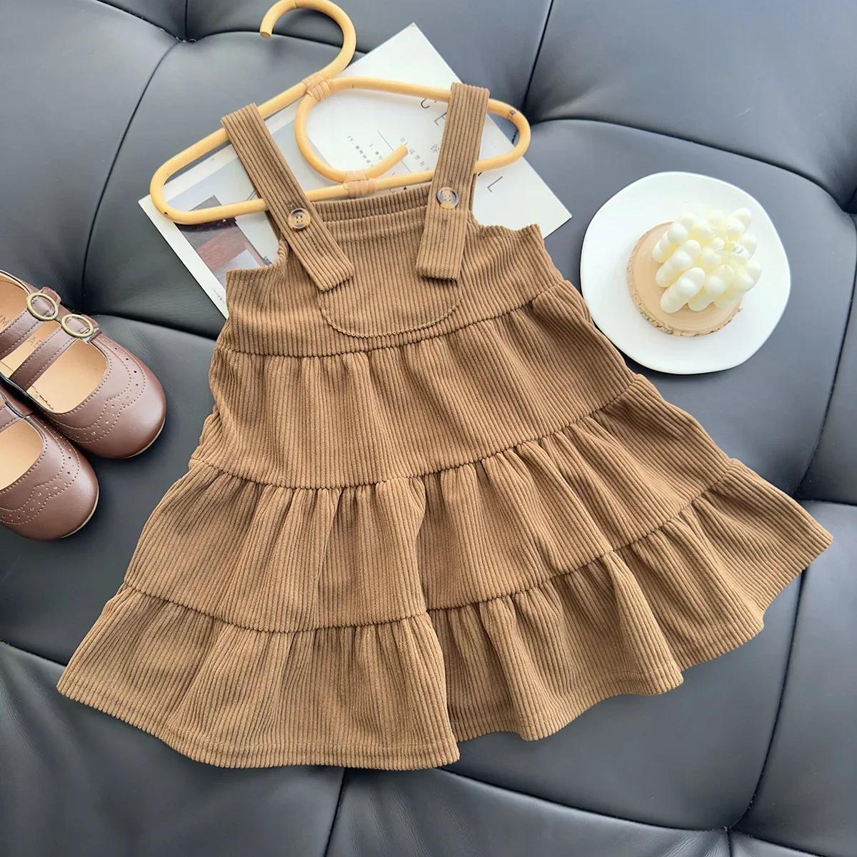 2024 Spring New in Kids Baby Girls Casual Clothes Set - Children Floral Shirts Solid Color Corduroy Sling Dresses , Toddler 2-7Y