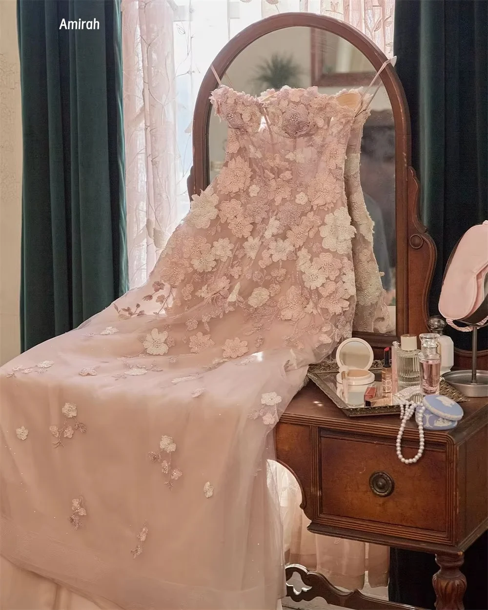 فساتين سهرة من Amirah Tulle للمناسبات الخاصة مصنوعة حسب الطلب فستان طويل أنيق على شكل حرف a وردي بدون أكتاف بدون أكمام للحفلات الراقصة #4
