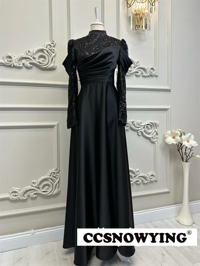 

Black Satin Appliques Muslim Hijab Evening Dresses Arabic Dubai Long Sleeve High Neck Formal Party Gown A Line Moroccan Caftan