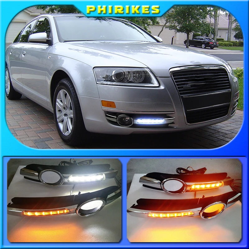 

2Pcs For AUDI A6 C6 2005 2006 2007 2008 LED DRL Daytime Running Lights 12V ABS Fog Lamp Hole With Yellow Turn Signal