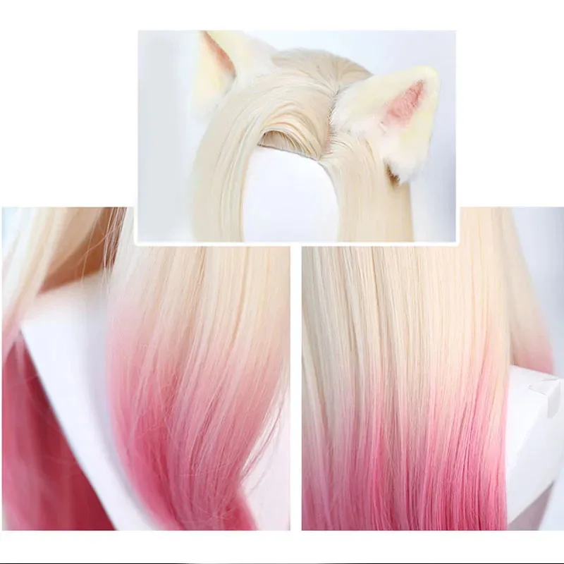 2025 22 LOL KDA Baddest Ahri شعر مستعار تأثيري مع آذان الاصطناعية شقراء مختلط الوردي مقاومة للحرارة خصلات الشعر المستعار + واي فاي