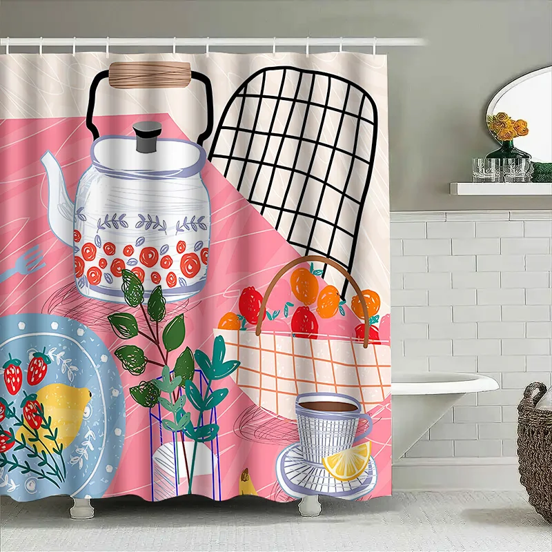 Colorful Kitchen Themed Bath Curtain Tea Pot Fruits Plants Pattern Waterproof Fabric with Hanging Rings Ideal for Bathroom Decor