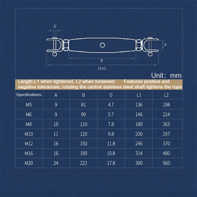 M5 M6 M8 M10 M12 M16 M20 304 Stainless Steel Closed Body Jaw/jaw Turnbuckle Flower Basket Screw for Tensioning Cable Rope