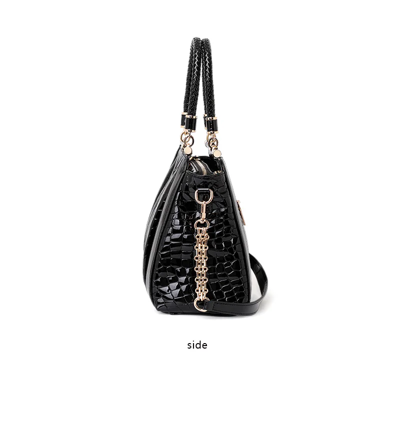 Aidrani Neue Glänzende Kroko-Muster Lackleder Handtasche für Damen mit Geflochtenem Griff und Metallkette, Crossbody Alltagstasche – Detail 10