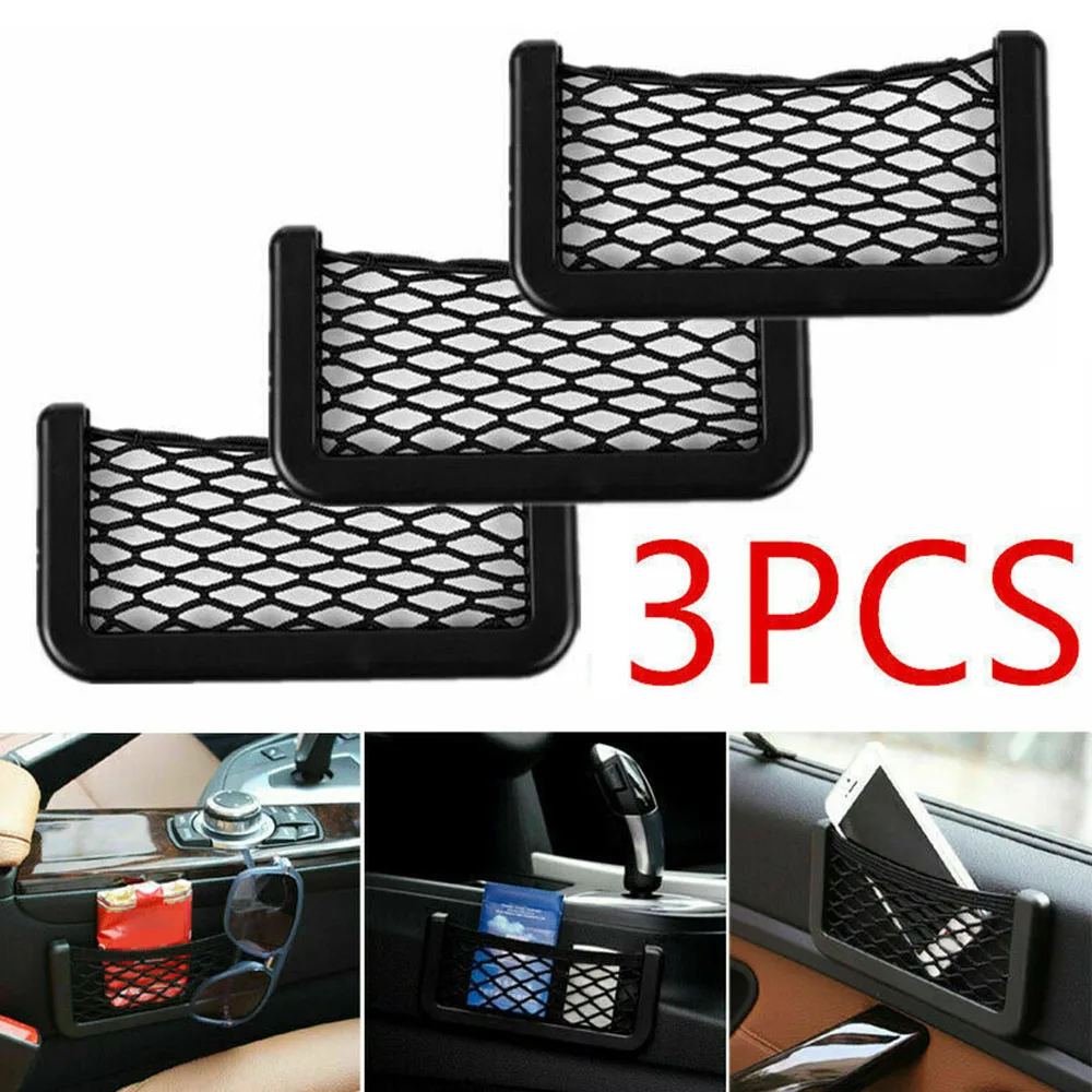 

3 Pcs Car Storage Net Bag Mesh Pocket Organizer Universal Car Black Seat Side Back Storage Tools Car Interior Accessories