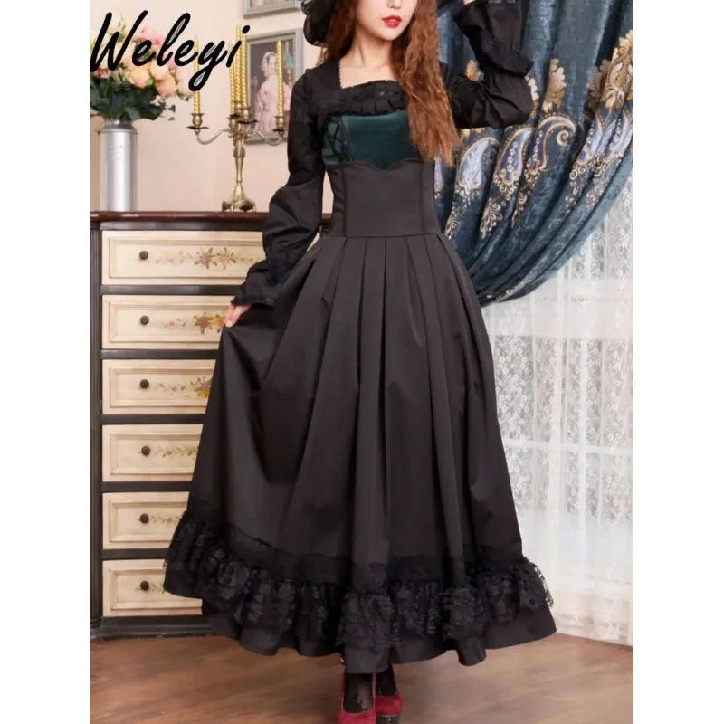 Lolita Jirai Kei Black Long Skirt Ladies Y2k Clothes 2024 Spring and Autumn New Retro Court Victoria Waist Big Skirts for Women