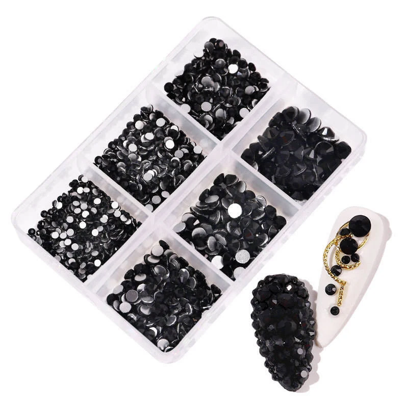 

6 Grids/Box Black Rhinestones 3D Flat Bottom Mixed Size SS4-SS16 Nails Accessories for Manicures DIY Design Nail Art Decoration