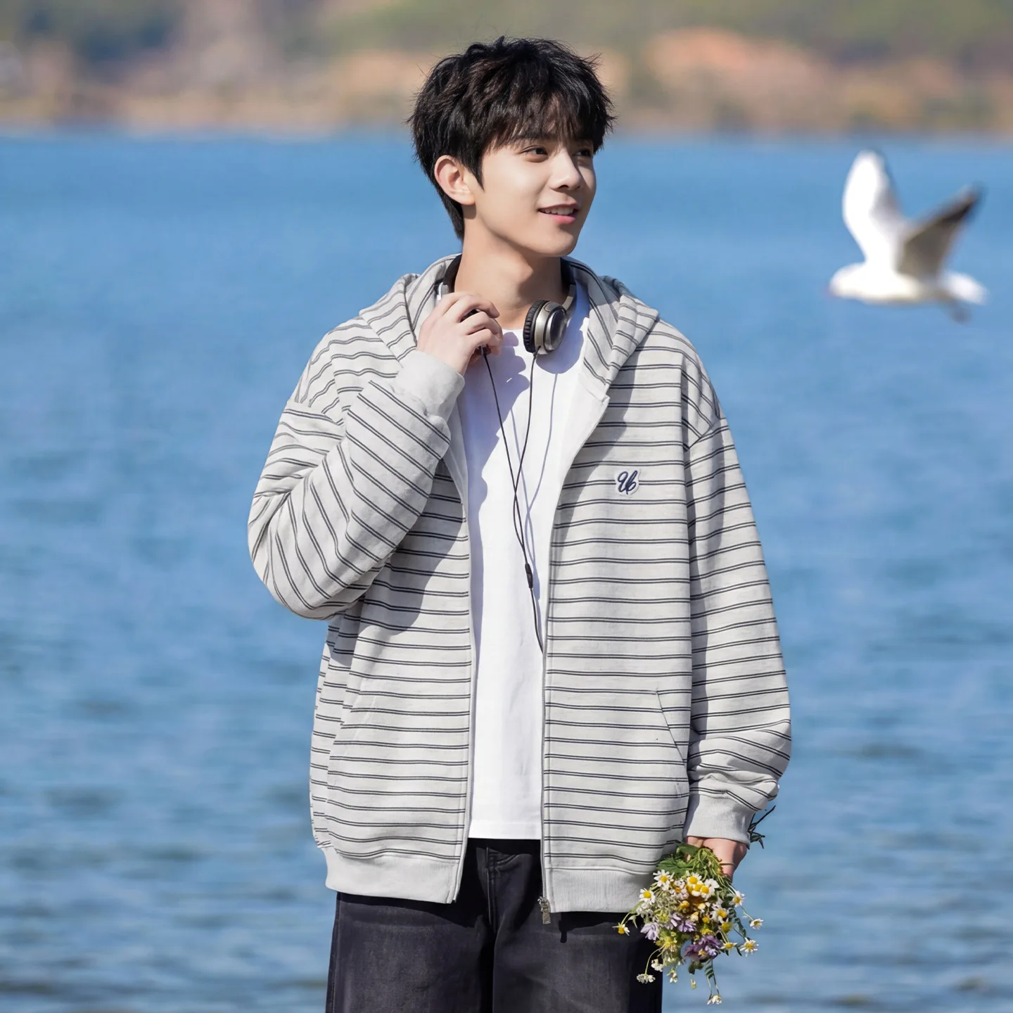 

Мужская толстовка TFETTERS 2026: Новинка весенней коллекции, в полоску, на молнии, в стиле преппи, утепленная, уличный стиль, свободный крой