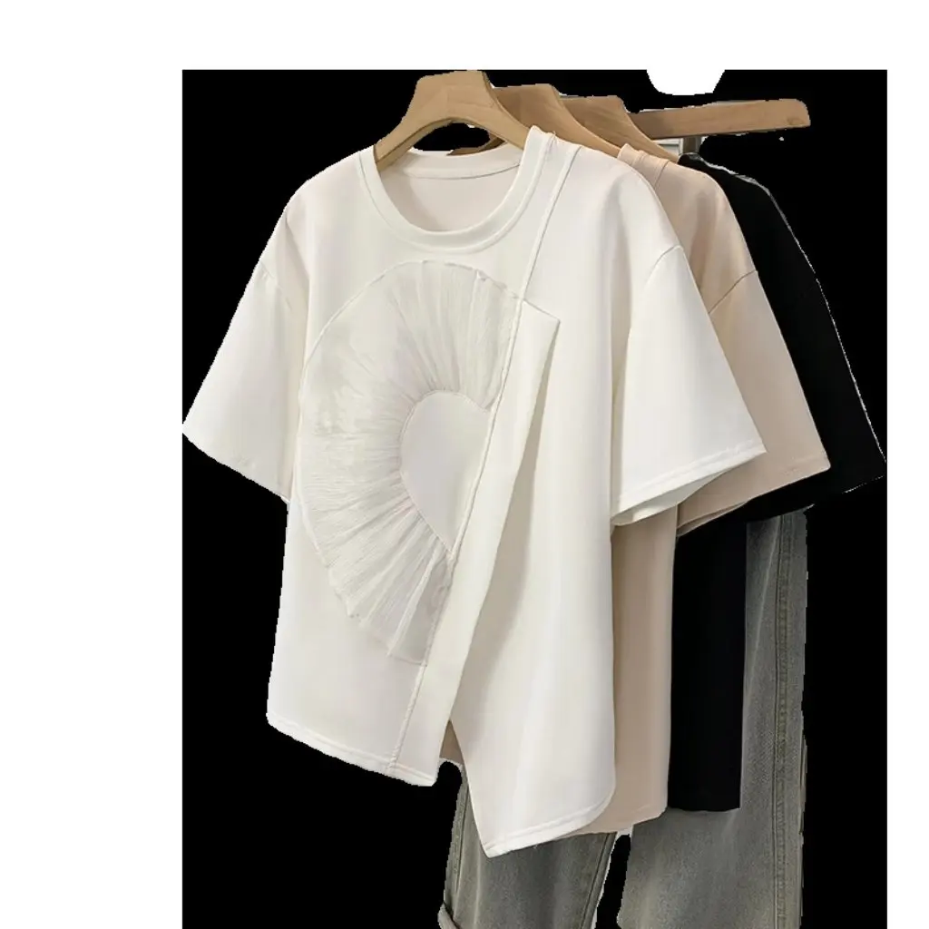 

Women's Summer Slimming Cotton T-shirt Unique Shoulder Split Design Single Short-Sleeved Casual Top for plus Size
