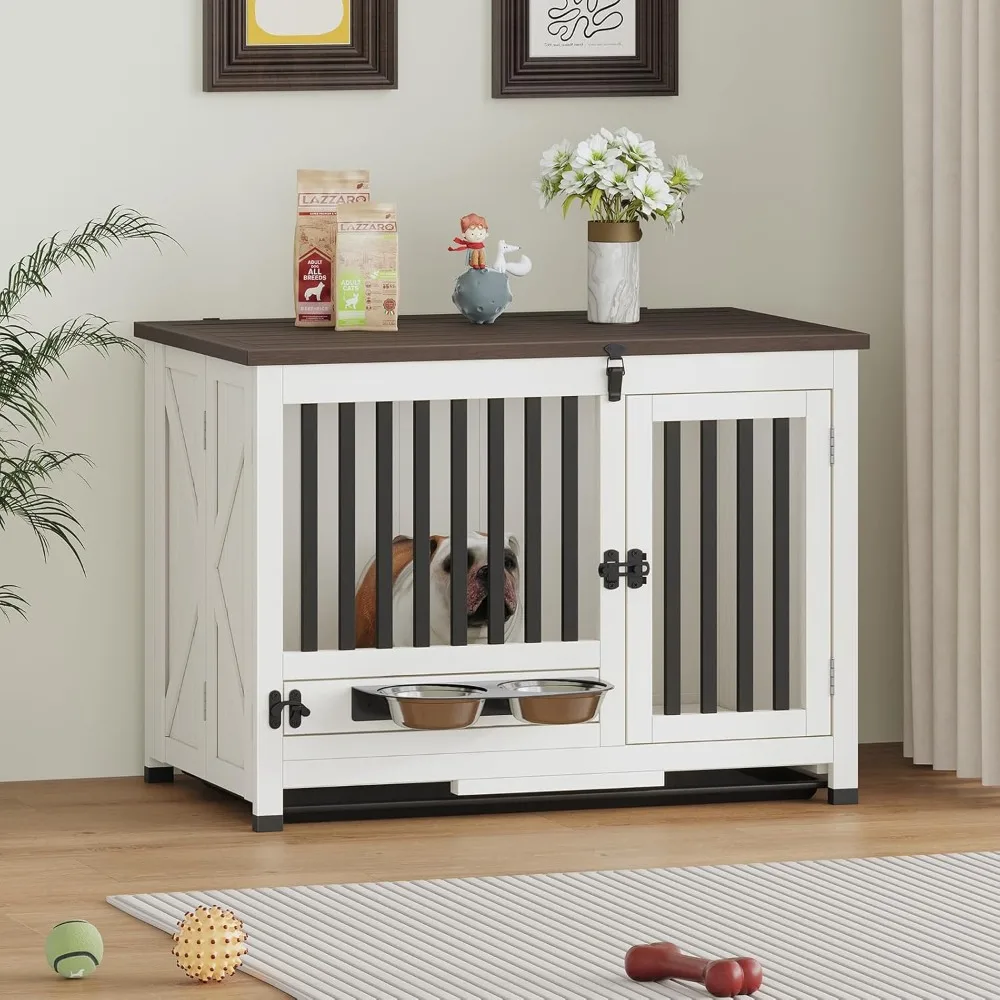 

Dog Crate Furniture, 33 Inch Dog Kennel Portable Foldable Solid Wood Dog Cage Side ，Table 360° Rotating Feeder Detachable Tray