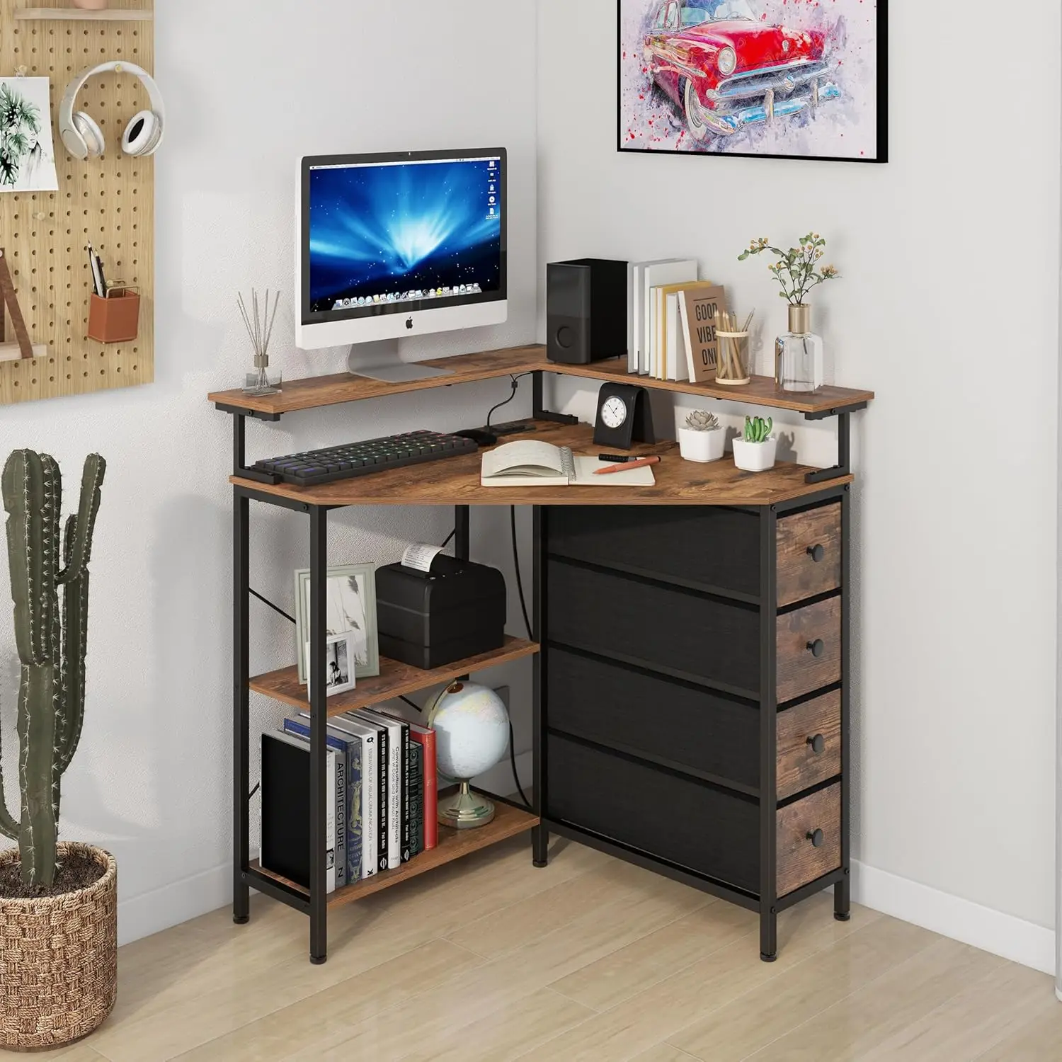 

Desk with Drawers Shelves for Small Space 90 Degrees Triangle Computer Desk with Power Outlets,Gaming Desk with LED Light