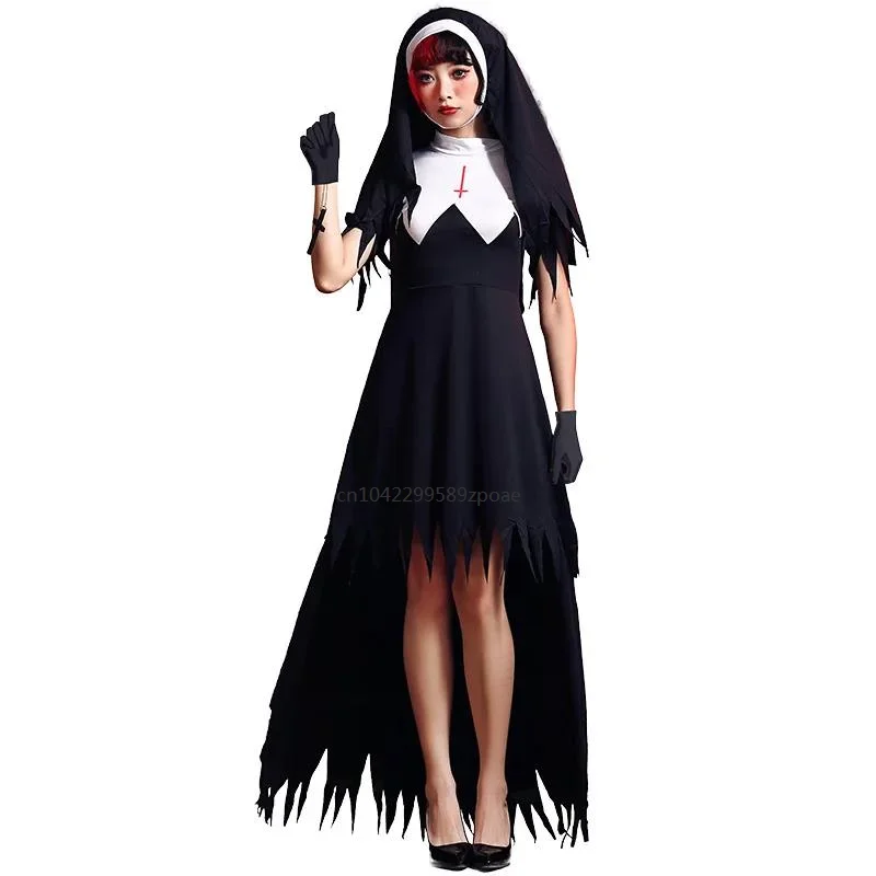 

Halloween Cosplay Nun Dress Zombie Demon Cross With Irregular Costume 2024