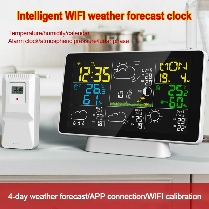 Tuya WIFI Weather Station Wireless Indoor Outdoor Thermometer Hygrometer LCD Color Screen Large Weather Clock with 100M Sensor