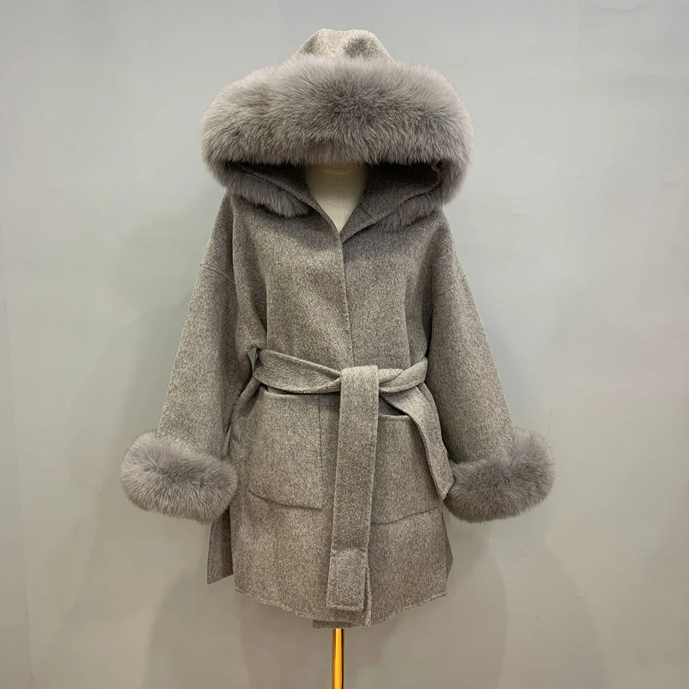 2024 Women Winter Real Wool Coats Fashion Fox Fur Collar Trench Coat With Hood Lady Fur Jackets Belt Fur Cuff