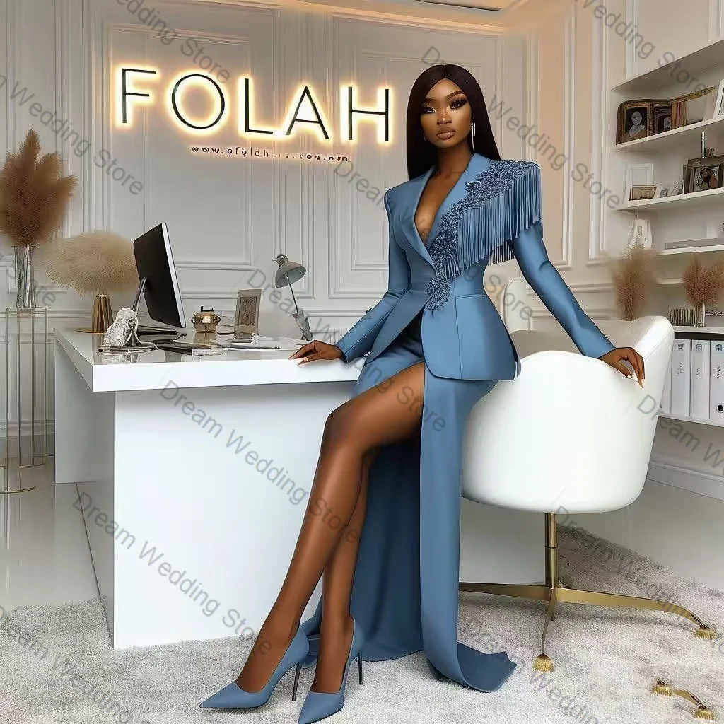 Tassel Blue Women Suit Set 2 Pcs Blazer+Long Split Prom Dress Spring Formal Office Lady Jacket Customized Wedding Guest Coat
