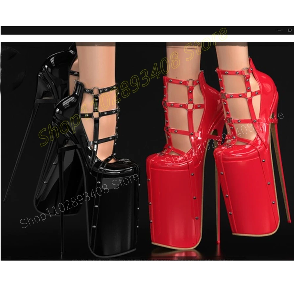 

Red Round Rivets Hollow Platform Pumps Patent Leather 30cm Stiletto High Heel Fashion Sexy Women Shoes 2024 Zapatos Para Mujere