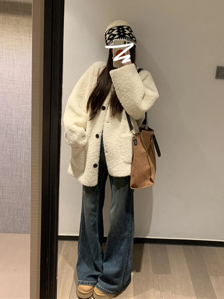 السيدات لينة Plu لامب الفراء Jaet الأبيض كسول Sle الخريف الشتاء جديد وصول الكورية الوقوف صالح ort ملابس خارجية معطف