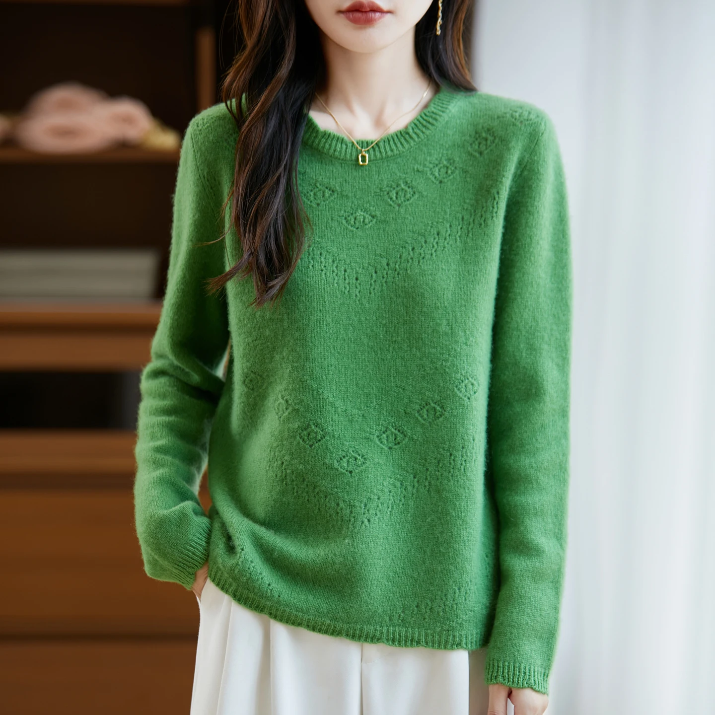 

100% Wool Thickened Sweater With Round Neck Hollow Design O-neck Pullover Thicken Knitwear Retro Long Sleeve Clothing Tops 2025