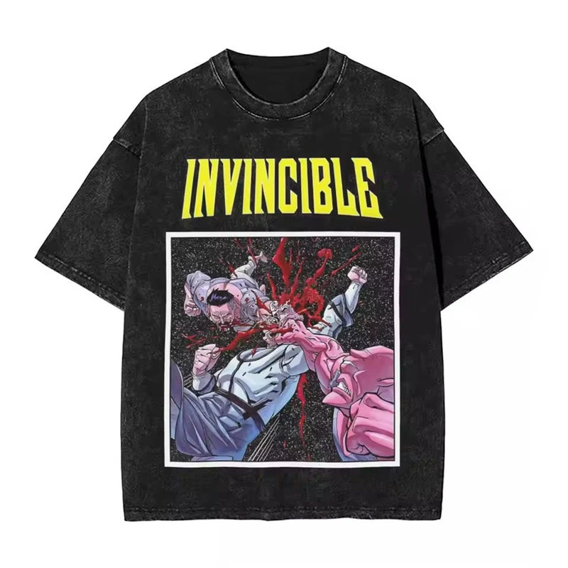 Best Invincible Animation Mark Washed Vintage T-Shirt Loose Fit Men's and Women's Trendy Printed Couple Short Sleeve Shirt