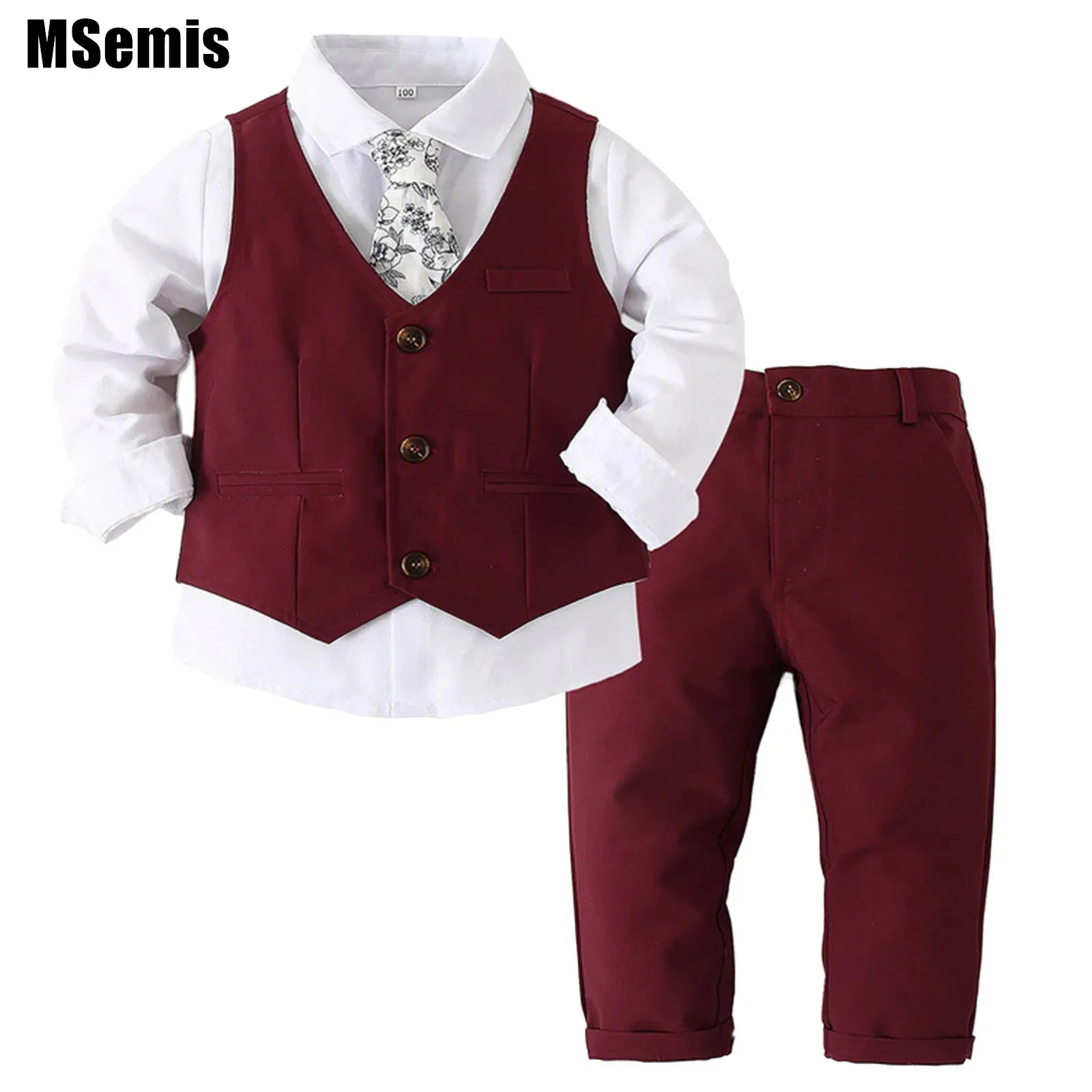 

Toddlers Boys Gentleman Suit Long Sleeve White Shirt Floral Print Tie Pointed Waistcoat Elastic Long Pants 4 Piece Outfits