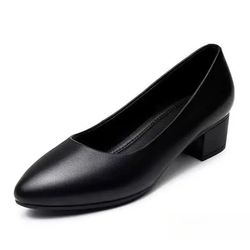 Comfortable Black Work Shoes for Women with Thick Heels for Long Hours Standing at Work Soft Bottom Interview High Heels