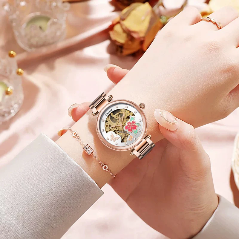 Deesio Brand Design Luxury Women Automatic Mechanical Watches Stainless Steel GMT Watch Top Brand Hollow Sapphire Glass reloj